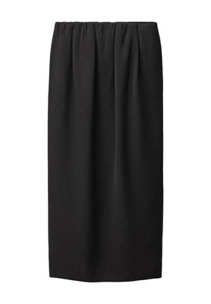 Black knee-length skirt made from soft fabric, featuring an elastic waistband, smooth texture, and minimalistic design with no embellishments.