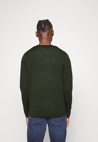 Mörkgrön stickad tröja med rund halsringning och långa ärmar, med en mjuk textur och enkel design. Sedd bakifrån.