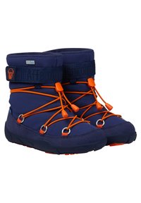 Marineblauwe winterlaarzen met oranje veters en accenten. Voorzien van een pluche voering en flexibele zool. Waterdicht materiaal met een veilige riemontwerp.
