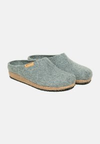 Gray felt clogs with a cork midsole and black rubber outsole. Features a rounded toe and open back design. Brand label visible on side.