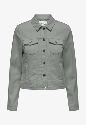 Light green denim jacket with a classic collar, front button closure, two chest pockets, and silver-tone hardware accents.