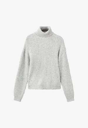 Pulover turtleneck gri deschis cu un model texturat, având o croială boxy și detalii ribbed la guler și manșete.