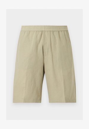 Bézs térdig érő rövidnadrág elasztikus derékrésszel és oldalzsebekkel, könnyű anyagból készült.