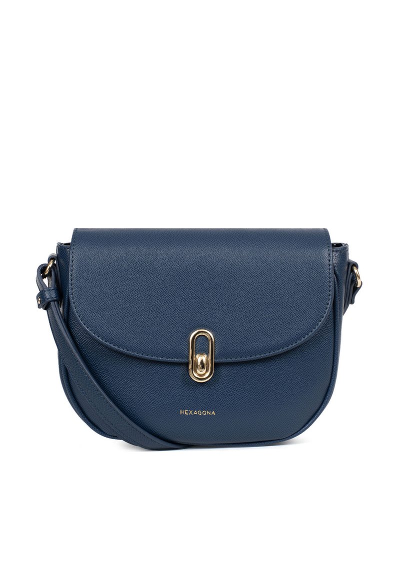 Borsa a tracolla in pelle blu navy con finitura testurizzata, hardware dorato, chiusura magnetica e tracolla removibile. Presenta il logo del marchio.