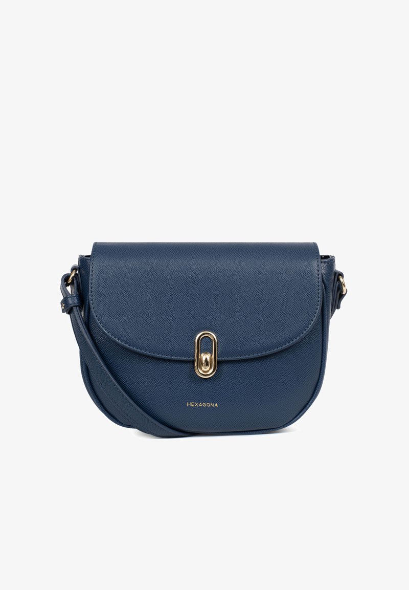 Borsa a tracolla in pelle blu navy con finitura testurizzata, hardware dorato, chiusura magnetica e tracolla removibile. Presenta il logo del marchio.