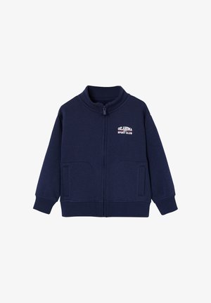 Navy blue zip-up sweatshirt with stand collar and front pockets, featuring white "Oklahoma City Sport Club" text on the chest.
