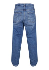 Jeans en denim bleu avec une coupe décontractée, dotés de cinq poches et d'une ceinture. Le tissu a une finition lavée et une texture subtile.