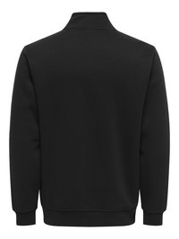 Sweat-shirt noir uni à manches longues avec poignets, ourlet et col côtelés, vu de dos sur fond blanc.