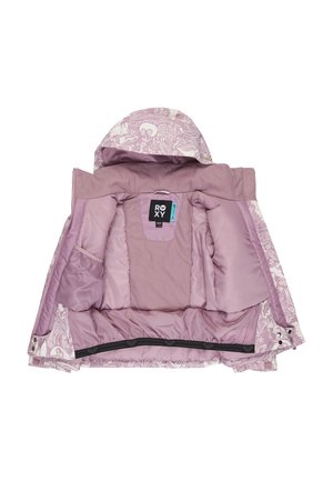 Veste isolante violette avec doublure florale, dotée d'une capuche, d'une fermeture éclair et de poches intérieures. Texture douce et design matelassé.