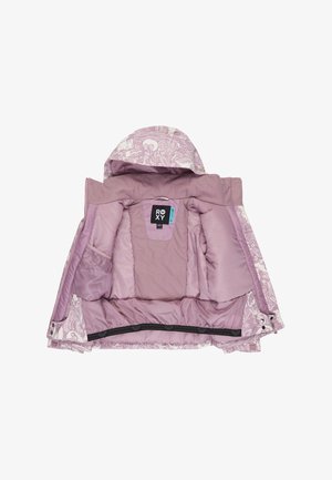 Paarse geïsoleerde jas met een bloemenvoering, voorzien van een capuchon, ritssluiting en binnenzakken. Zachte textuur en gestikt ontwerp.