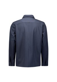 Marineblauw shirtjack met lange mouwen, gezien vanaf de achterkant, met geribbelde manchetten en een enkele knoopdetail onder de kraag.
