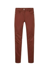 Pantalony v rustikální barvě, úzkého střihu vyrobené z hladké bavlněné směsi. Obsahují standardní kapsy, zip a kovové zapínání na knoflík.