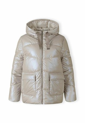Beige Daunenjacke mit glänzender Oberfläche, Kapuze, Frontreißverschluss und zwei großen Vordertaschen. Mit gesteppten Paneelen und Kordelzügen.