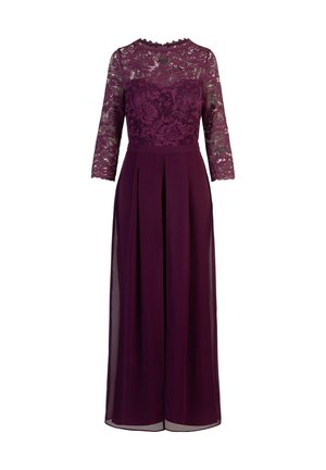 Robe violette avec un dessus en dentelle à manches trois-quarts, une jupe plissée et un col festonné, fabriquée dans un tissu léger.