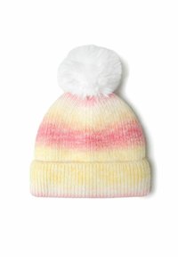 Berretto lavorato a maglia in una sfumatura pastello di giallo, rosa e bianco. Presenta un pompon in pelliccia sintetica bianca sulla sommità e un risvolto a coste.
