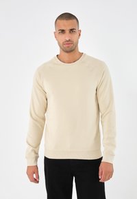 Beige sweatshirt van zachte stof, met een ronde hals, lange mouwen en geribbelde boorden, gecombineerd met donkere broeken. Eenvoudig en veelzijdig ontwerp.