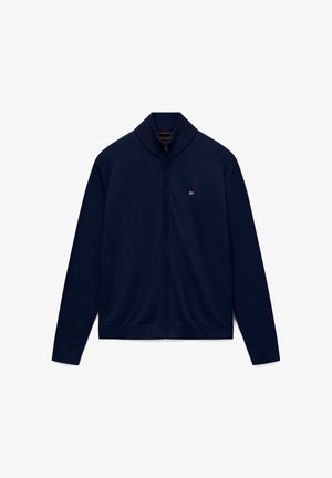 Marineblaue Jacke mit durchgehendem Reißverschluss, Rippkragen und -bündchen, langen Ärmeln und kleinem norwegischem Flaggenemblem auf der linken Brust.