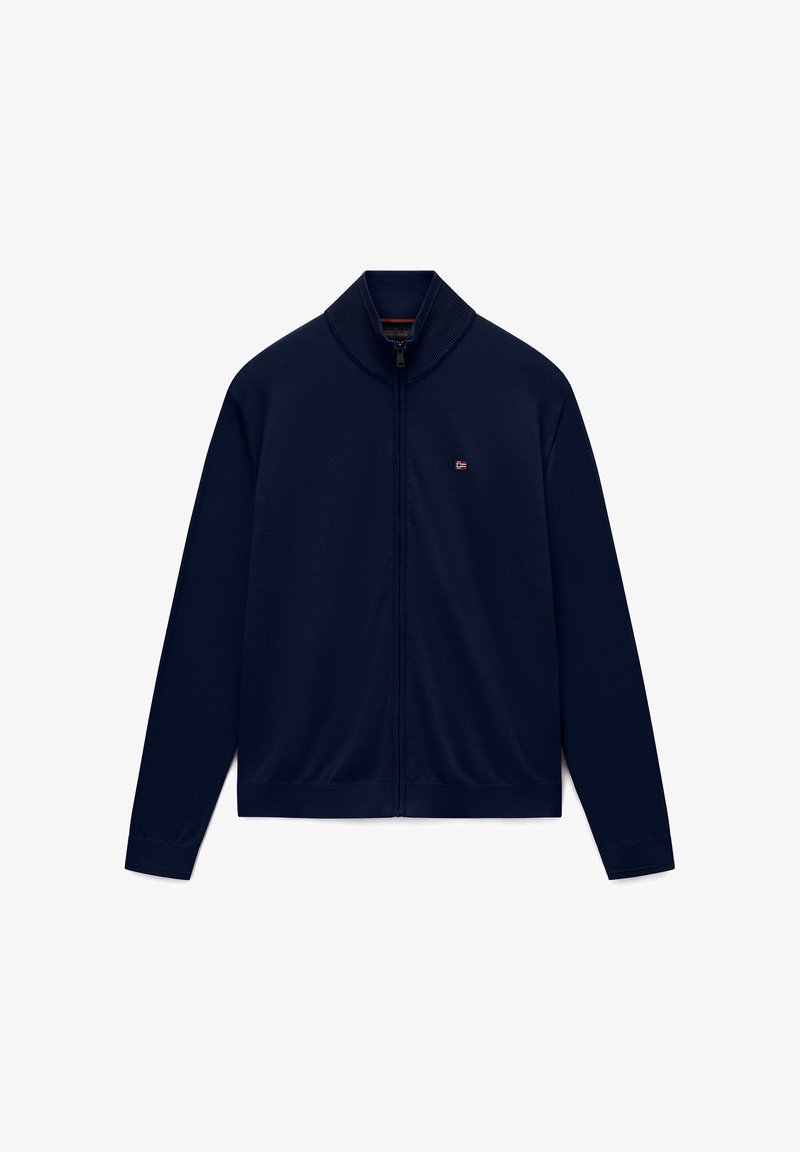 Giacca blu navy a zip completa con collo e polsini a coste, maniche lunghe e piccolo emblema della bandiera norvegese sul petto sinistro.
