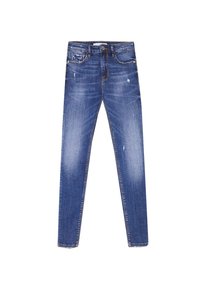Skinny-fit blue denim jeans with a distressed finish, featuring five pockets, a front button closure, and contrast stitching.