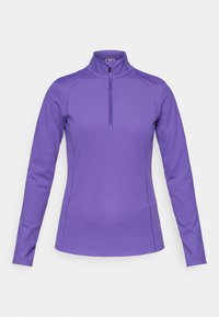 Chemise violette à manches longues avec col montant et zip demi-longueur. Fabriquée dans un tissu lisse et extensible avec des coutures plates et un logo sur l'épaule.