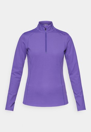 Lila Langarmshirt mit Stehkragen und einem halben Reißverschluss. Hergestellt aus glattem, elastischem Stoff mit flachen Nähten und Logodetails auf der Schulter.