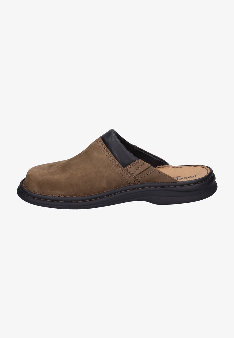 Braunes Wildleder-Slipper mit einem schwarzen Lederakzent, runder Spitze und gestickten Details. Verfügt über eine flexible schwarze Sohle für Komfort.