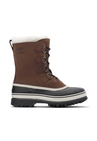 Brauner Leder-Winterstiefel mit weißem Fleecefutter, schwarzer Gummisohle und Metallösen für die Schnürsenkel. Verfügt über ein kontrastierendes weißes Streifendetail.