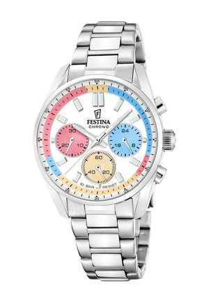 Chronograf hodinek Festina z nerezové oceli s bílým ciferníkem, vícejazyčnými subciferníky (růžová, modrá, béžová), stříbrnými hodinovými značkami a náramkem s články.