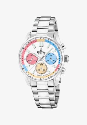 Reloj cronógrafo Festina de acero inoxidable con esfera blanca, subesferas multicolor (rosa, azul, beige), marcadores de hora plateados y pulsera de eslabones.