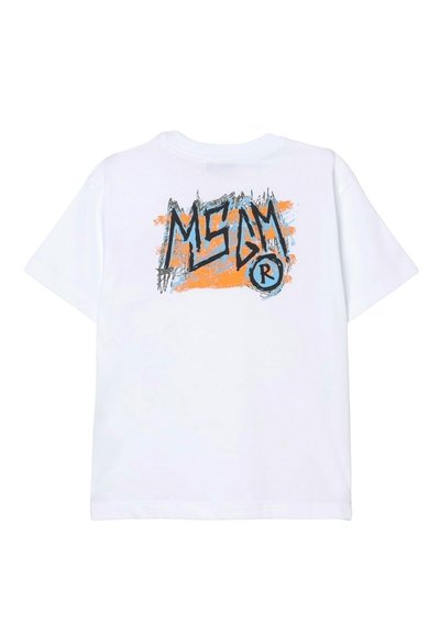T-shirt bianca a maniche corte con logo "MSGM" in stile graffiti nero su pennellate arancioni e blu sulla schiena.