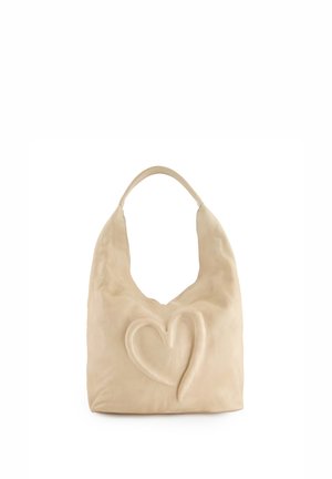 Beige leren schoudertas met een groot reliëf van een hart op de voorkant en een enkele handvatriem.