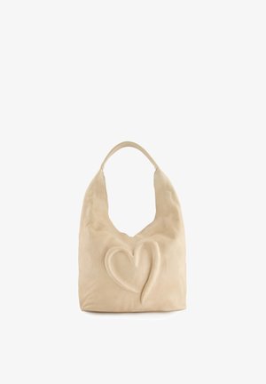Beige leren schoudertas met een groot reliëf van een hart op de voorkant en een enkele handvatriem.