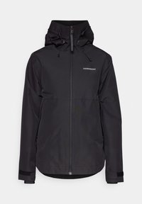 Czarna kurtka z wysokim kołnierzem, regulowanym kapturem, przednim zamkiem błyskawicznym i mankietami na rzepy. Wykonana z gładkiego, wodoodpornego materiału.