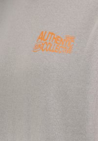 Graues Baumwoll-T-Shirt mit Rundhalsausschnitt; verfügt über orangefarbigen Aufdruck mit dem Text "AUTHENTIC YOUNG COLLECTIVE" auf der Vorderseite.