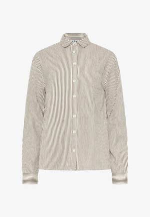 Langärmeliges beiges Hemd mit dünnen vertikalen braunen Streifen, Knopfleiste vorne, spitzem Kragen und einer einzelnen Brusttasche.