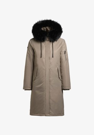 Beige padded coat with a black faux fur hood, front zip closure, two side pockets, and one arm pocket with a quilted design.