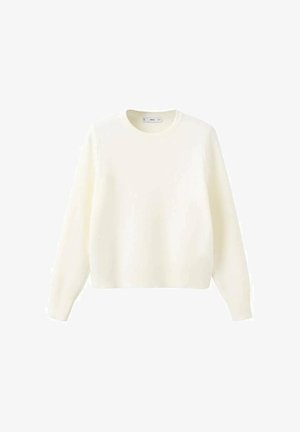 Sudadera de color crema de manga larga con cuello redondo, puños y dobladillo acanalados, mostrada sobre un fondo blanco.