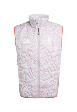 Chaleco blanco sin mangas acolchado con cremallera frontal, patrón de costuras en rojo, logo de Adidas y emblema del Equipo Olímpico de Dinamarca en el pecho.