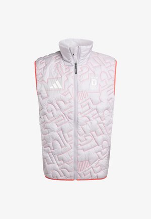 Chaleco blanco sin mangas acolchado con cremallera frontal, patrón de costuras en rojo, logo de Adidas y emblema del Equipo Olímpico de Dinamarca en el pecho.