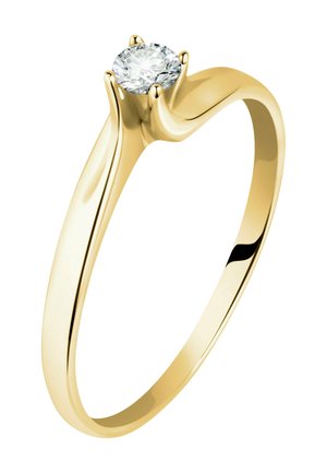 Gold solitaire ring with a single round brilliant diamond held by four prongs on a polished band.