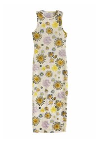 Robe longue fleurie sans manches de couleur crème, avec des motifs floraux jaunes, bleus et violets sur un tissu texturé.