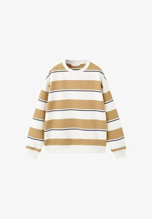 Beige en wit gestreepte trui met lange mouwen, met dunne zwarte accentstrepen en witte geribde boorden en halslijn.