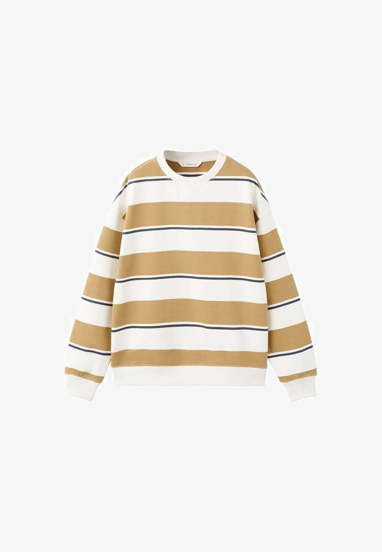 Sweat-shirt à manches longues beige et blanc à rayures avec de fines rayures noires et des poignets et un col côtelés blancs.