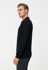 Must musthärk, pikadee nagipitsi sviiter pehme tekstuuriga, millel on krae ja soonikuga varrukad. Disain on lihtne ja ülikitsas.