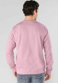 Felpa in cotone rosa con maniche lunghe, colletto a girocollo e polsini a costine. Texture liscia e design semplice, mostrata da dietro.