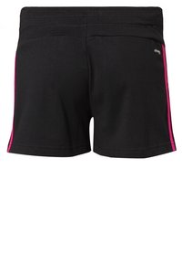 Černé sportovní šortky s růžovými bočními pruhy, elastickým pasem a hladkou texturou. Na zadní straně se nachází detail loga. Krátká délka.