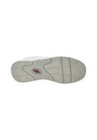 Witte rubberen sneaker zool met gestructureerde grip patronen, gebogen lijnen en een rood "rollingsoft" logo. Bevat een verhoogde rand en stevige constructie.