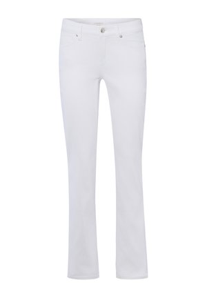 Witte jeans met rechte pijpen, voorste knoop, rits, riemlussen en ontwerp met vijf zakken.