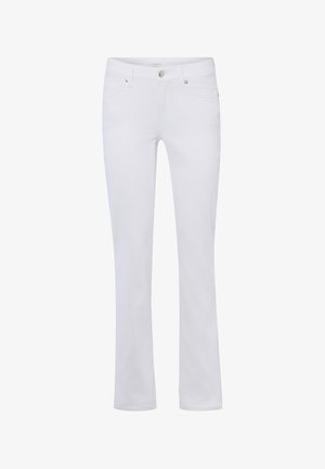 Witte jeans met rechte pijpen, voorste knoop, rits, riemlussen en ontwerp met vijf zakken.