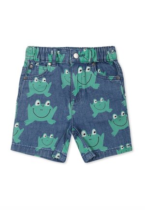 Szorty dżinsowe z wyrazistym wzorem zielonej żaby; elastyczny pas, jasnoniebieskie tło oraz metalowe zatrzaski z przodu.